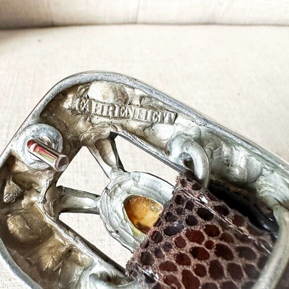 Vintage Fahrenheit Brown Black Leather Belt Large Jewel Buckle Rich Auntie M - Picture 7 of 11